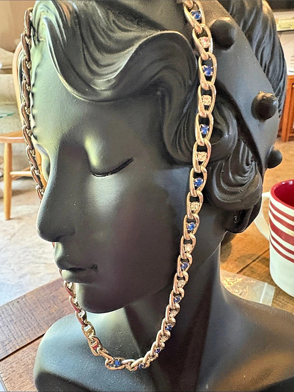 Unisex 26” Gold Tone Curb Link Necklace with blue and clear stones